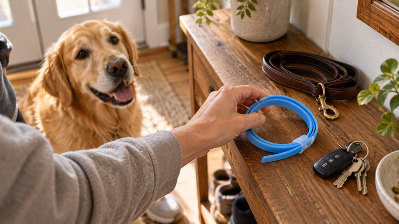 Dog resting calmly while wearing the collar